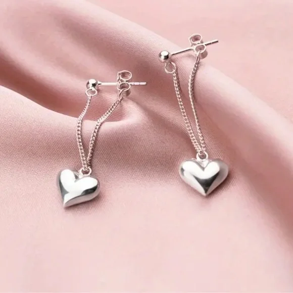 Silver heart on chain stud drop earrings love gift girlfriend wife valentines - Picture 1 of 3